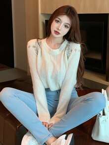 水鑽細節氣眼短款毛衣 - 白色 - 查看 3