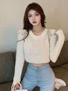 水鑽細節氣眼短款毛衣 - 白色 - 查看 4