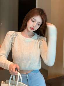 水鑽細節氣眼短款毛衣 - 白色 - 查看 6