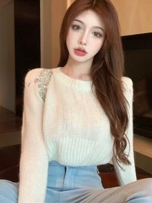 水鑽細節氣眼短款毛衣 - 白色 - 查看 7