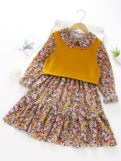 Girls Solid Crop Sweater Vest & Ditsy Floral Print Flounce Sleeve Frill Trim Dress