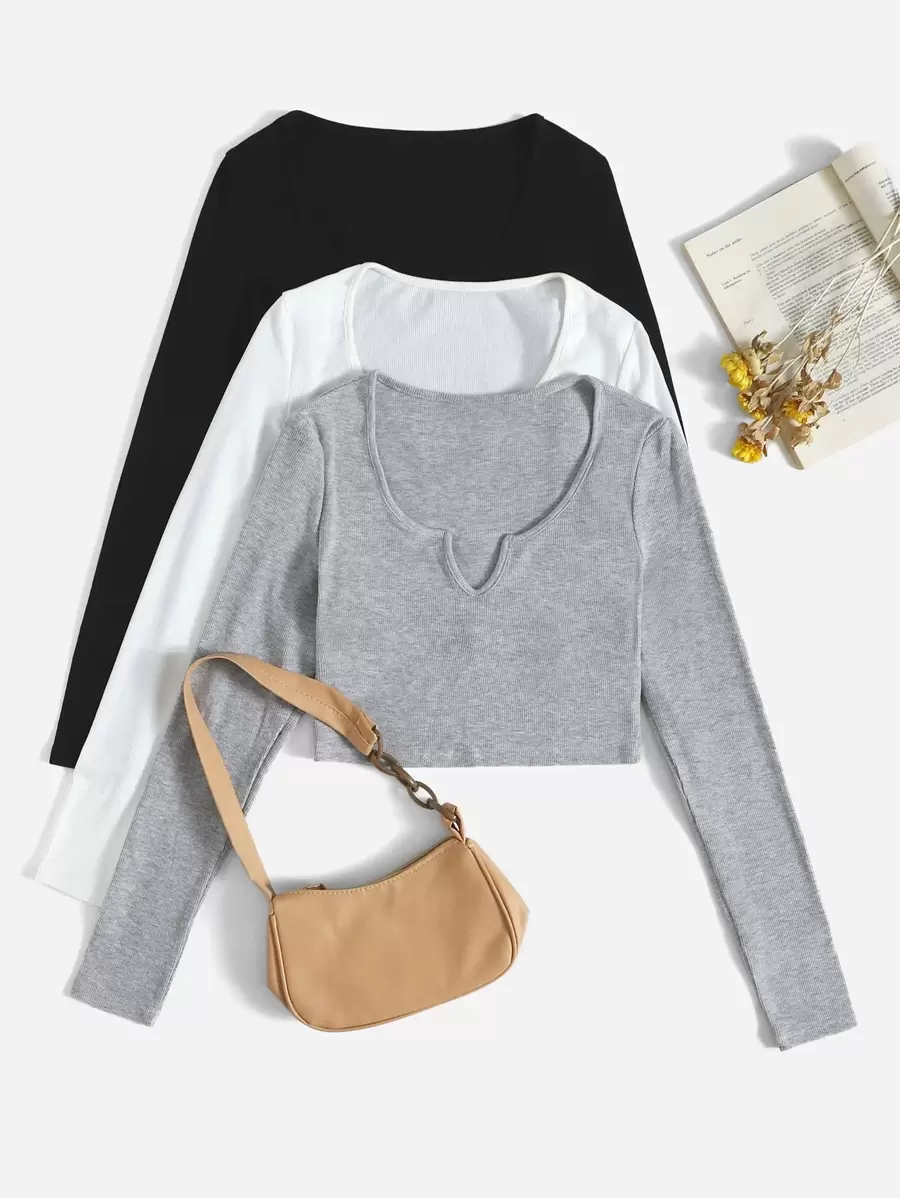 EZwear 3pcs Solid Notched Neck Tee