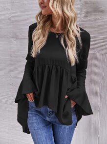 SHEIN LUNE Flounce Sleeve High Low Peplum Blouse Peplum Top - Black - View 1