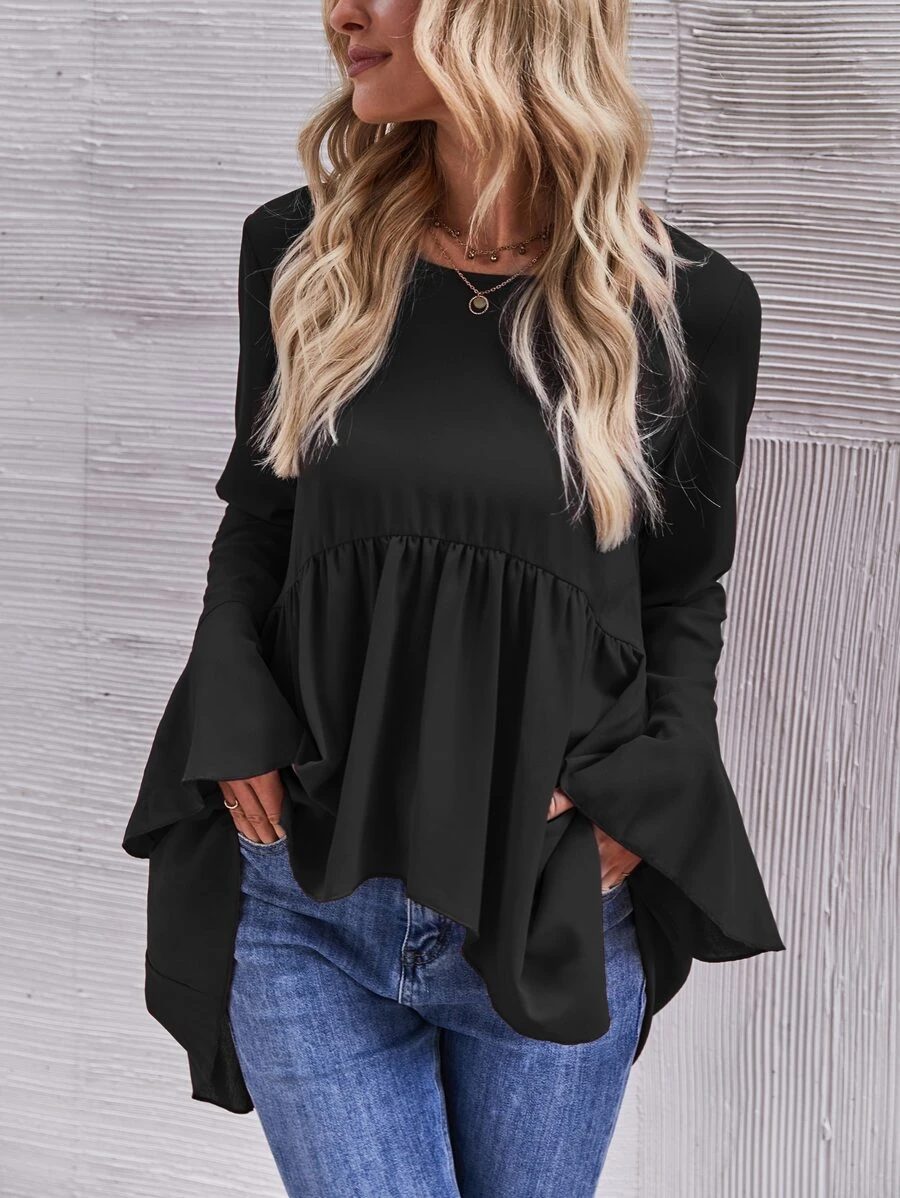 SHEIN LUNE Flounce Sleeve High Low Peplum Blouse Peplum Top - Black - View 1