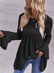 SHEIN LUNE Flounce Sleeve High Low Peplum Blouse Peplum Top - Black - View 4