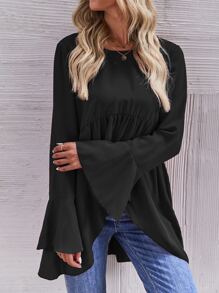 SHEIN LUNE Flounce Sleeve High Low Peplum Blouse Peplum Top - Black - View 6