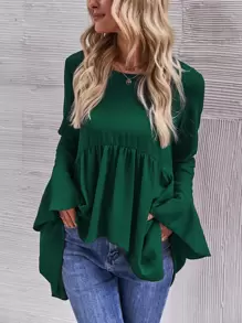 SHEIN LUNE Flounce Sleeve High Low Peplum Blouse - Dark Green - View 1