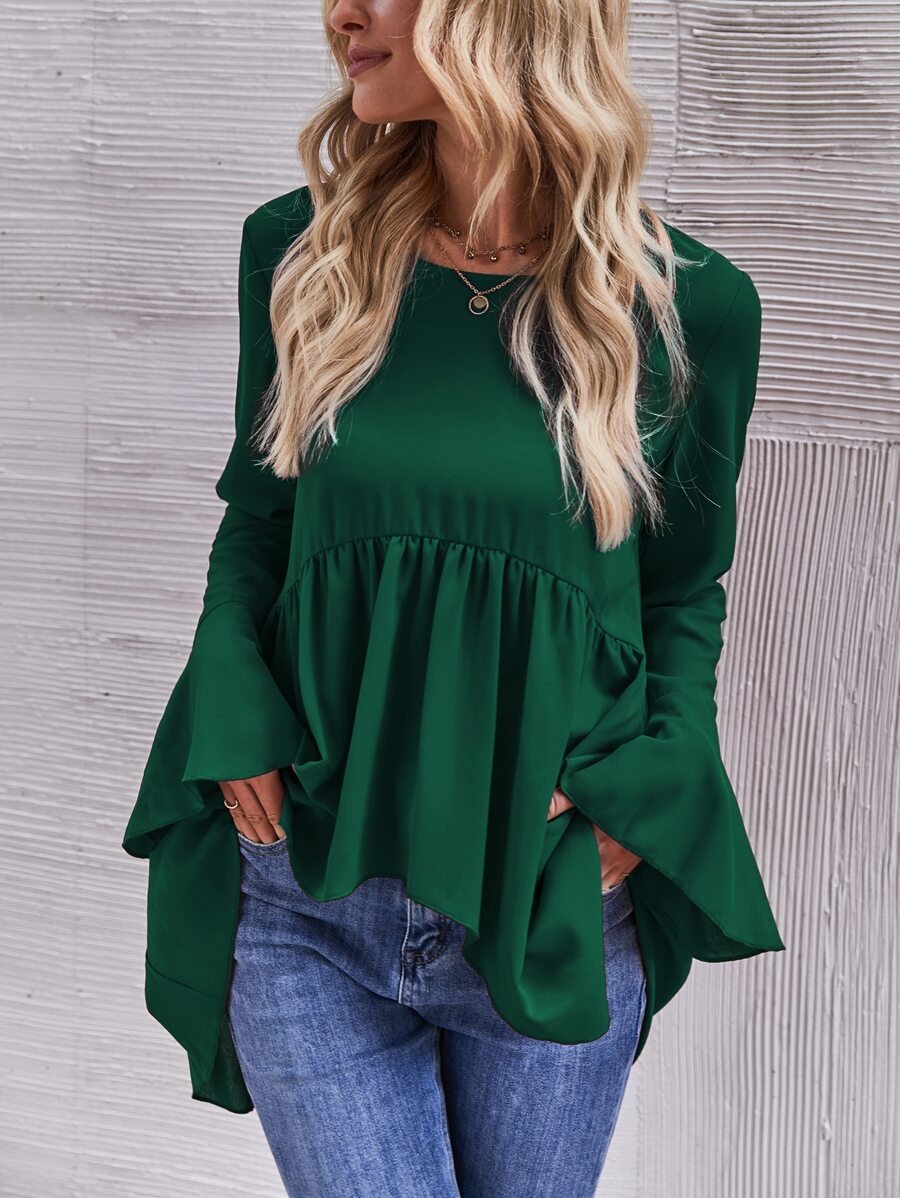 SHEIN LUNE Flounce Sleeve High Low Peplum Blouse - Dark Green - View 1