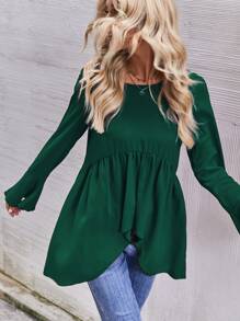 SHEIN LUNE Flounce Sleeve High Low Peplum Blouse - Dark Green - View 3