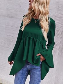 SHEIN LUNE Flounce Sleeve High Low Peplum Blouse - Dark Green - View 4