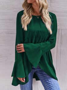 SHEIN LUNE Flounce Sleeve High Low Peplum Blouse - Dark Green - View 5