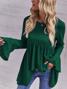 SHEIN LUNE Flounce Sleeve High Low Peplum Blouse - Dark Green - View 6