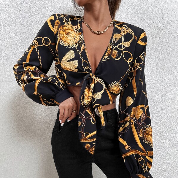 

Chain Print Tie Front Top, Black