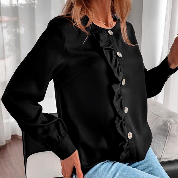 

Ruffle Trim Bishop Sleeve Blouse, Black
