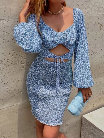 SHEIN WYWH Ditsy Floral Lantern Sleeve Cut Out Knot Front Dress
