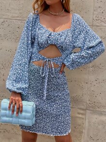 SHEIN WYWH 小碎花燈籠袖鏤空前打結連衣裙 - 藍白色 - 查看 4