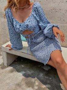 SHEIN WYWH 小碎花燈籠袖鏤空前打結連衣裙 - 藍白色 - 查看 6