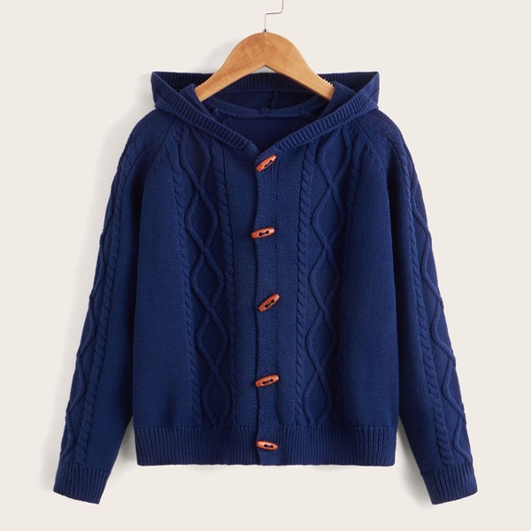 

Girls Cable Knit Hooded Cardigan, Navy blue