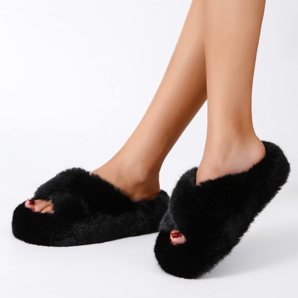 

Fuzzy Wide Fit Slippers, Black