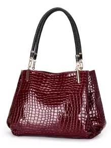 纯色鳄鱼压纹单肩手提包，勃艮第包，包包，新年理想礼物，时尚勃艮第包 - 酒紅色 - 查看 2