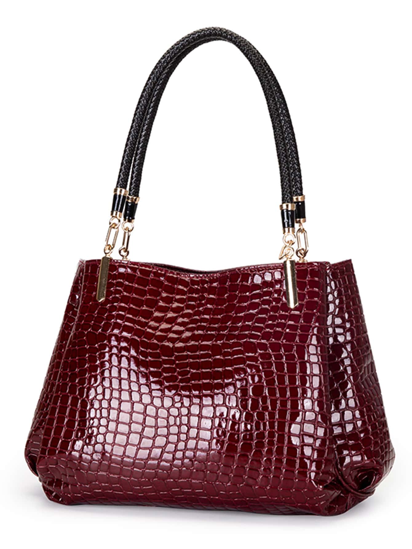 纯色鳄鱼压纹单肩手提包，勃艮第包，包包，新年理想礼物，时尚勃艮第包