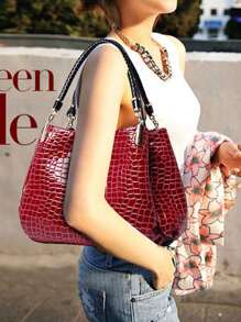 纯色鳄鱼压纹单肩手提包，勃艮第包，包包，新年理想礼物，时尚勃艮第包 - 酒紅色 - 查看 3