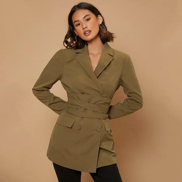 

Lapel Neck Double Breasted Crisscross Tie Back Blazer, Army green