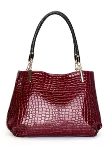 纯色鳄鱼压纹单肩手提包，勃艮第包，包包，新年理想礼物，时尚勃艮第包 - 酒紅色 - 查看 5