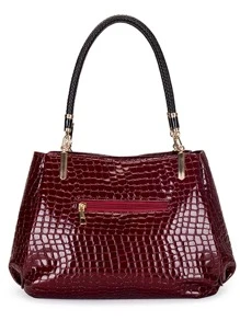 纯色鳄鱼压纹单肩手提包，勃艮第包，包包，新年理想礼物，时尚勃艮第包 - 酒紅色 - 查看 6