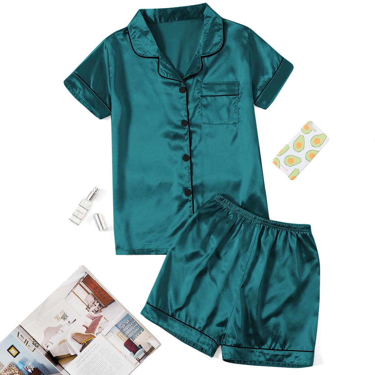 

Button Front Satin Tee & Shorts PJ Set, Dark green
