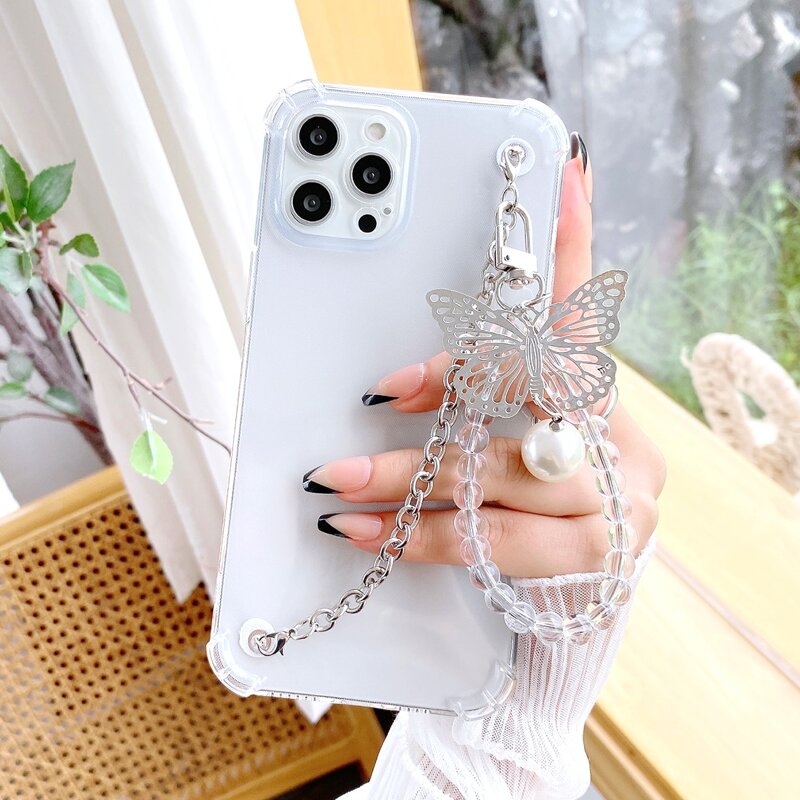 

Clear Phone Case With Butterfly Chain Hand Strap, Silver