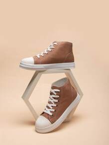 Women's Stylish Soft, Round-toe, Lace-up Canvas High Top Sneakers, All Seasons Casual Sports Shoes - Brown - View 1