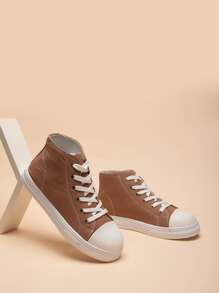 Women's Stylish Soft, Round-toe, Lace-up Canvas High Top Sneakers, All Seasons Casual Sports Shoes - Brown - View 3