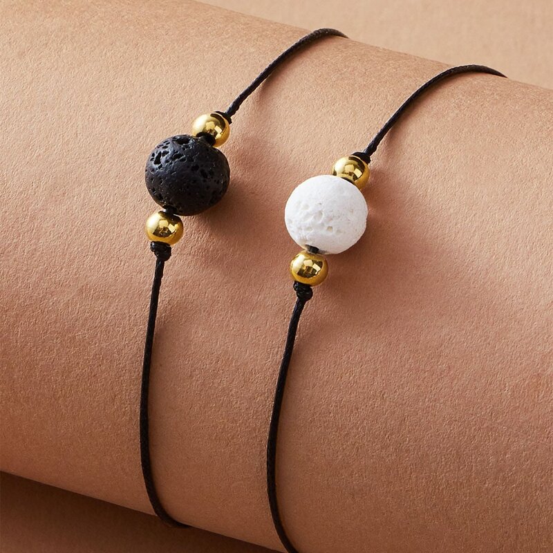 

Guys 2pcs Bead Decor Bracelet, Black and white