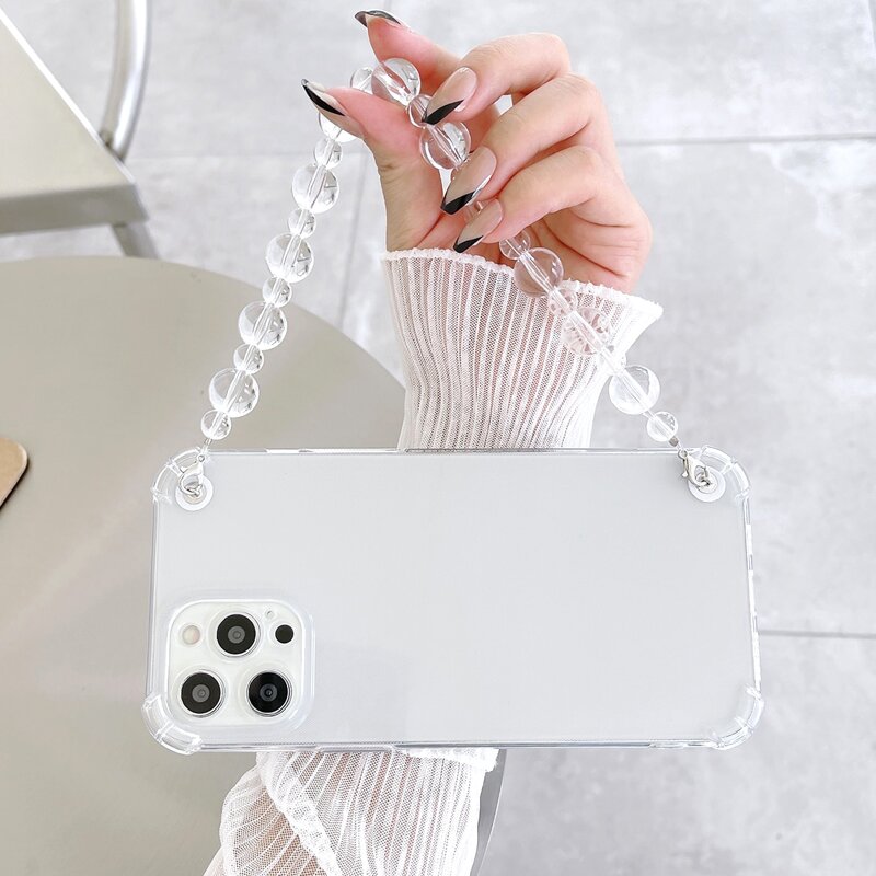 

Clear Phone Case With Beaded Hand Strap, Silver