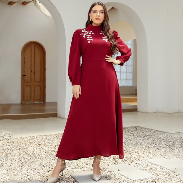 

Plus Mock Neck Leaf Embroidery Puff Sleeve Dress, Red