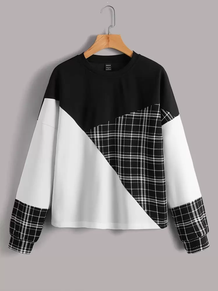 Muchica Top con estampado de cuadros de color combinado de hombros caídos - Blanco y Negro - Añade 1