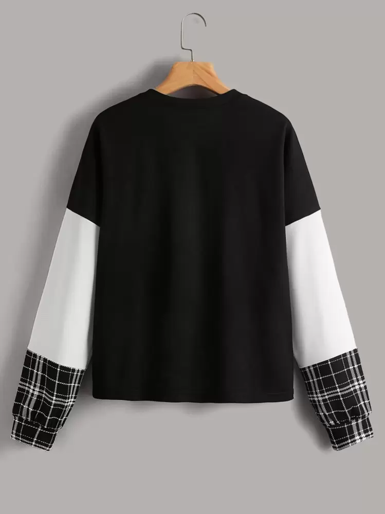 Muchica Top con estampado de cuadros de color combinado de hombros caídos - Blanco y Negro - Añade 2