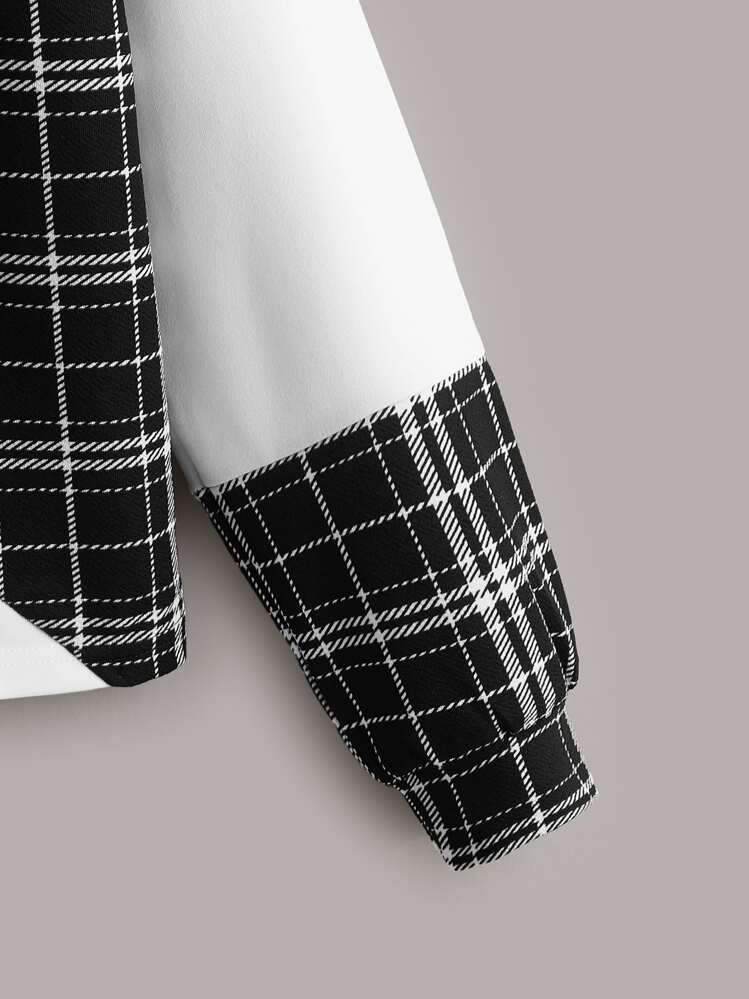 Muchica Top con estampado de cuadros de color combinado de hombros caídos - Blanco y Negro - Añade 4