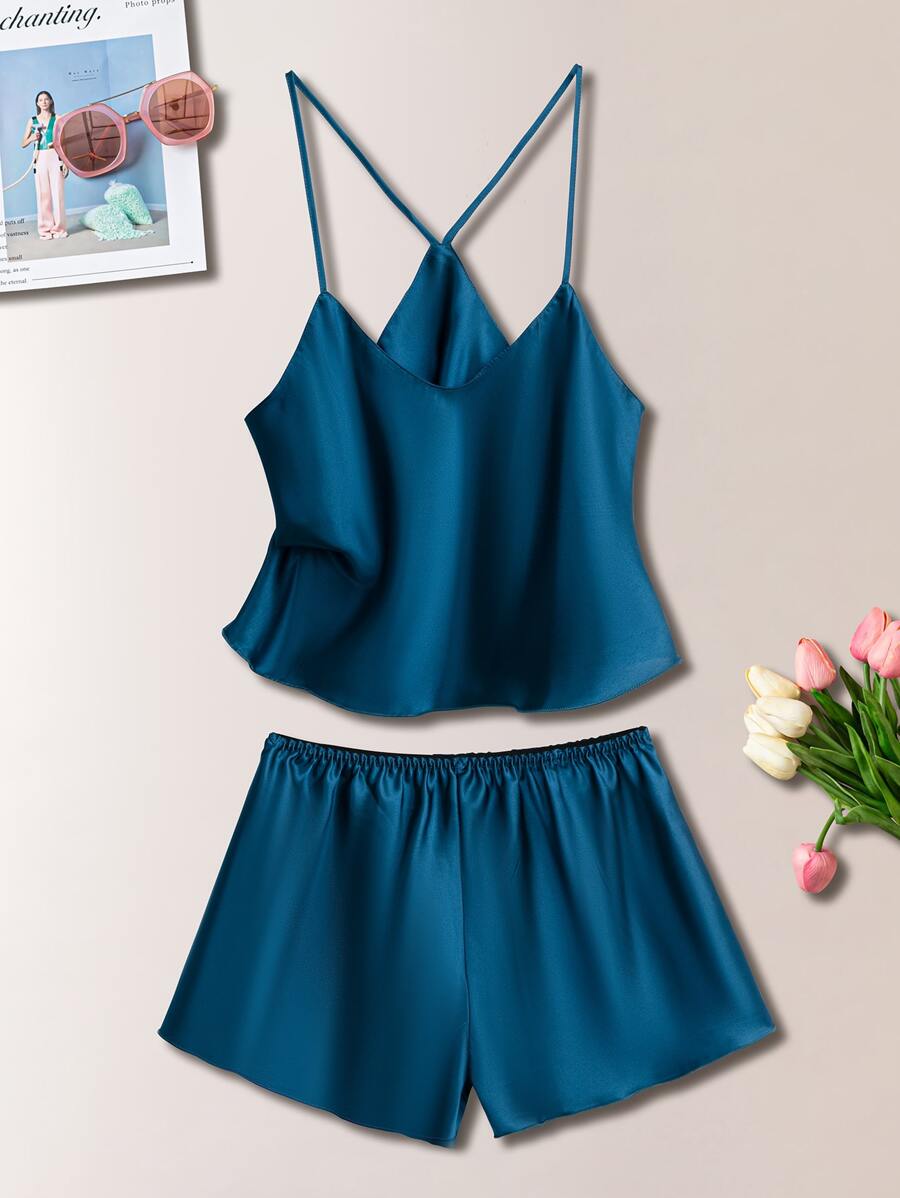 SilkySpell Satin Cami Top With Shorts PJ Set / Pajama Set - Teal Blue - View 1