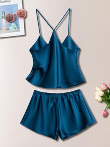SilkySpell Satin Cami Top With Shorts PJ Set / Pajama Set - Teal Blue - View 2