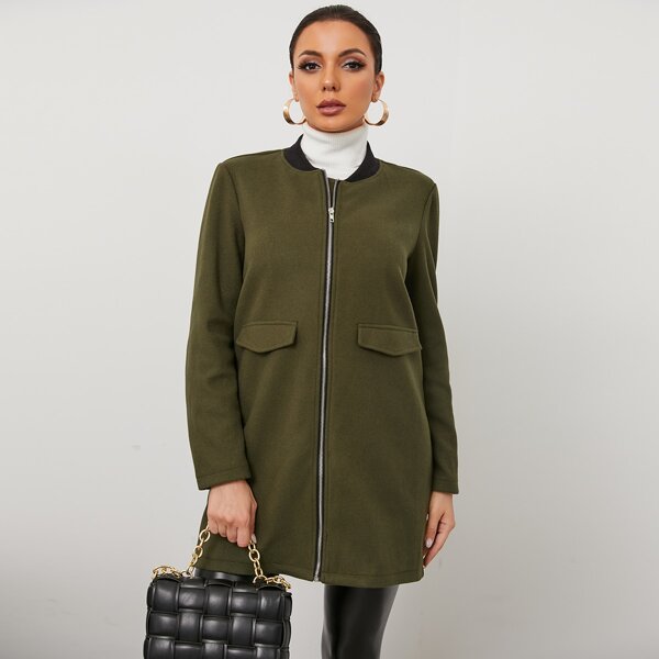 

Zipper Up Baseball Collar Overcoat, Army green