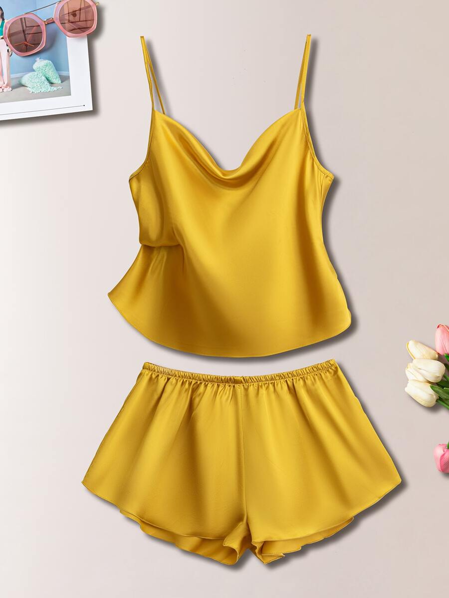 Drape Neck Satin Cami PJ Set / Pajama Set - Yellow - View 1