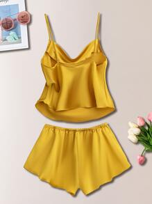 Drape Neck Satin Cami PJ Set / Pajama Set - Yellow - View 2