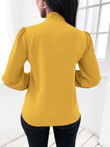 SHEIN Clasi Áo sơ mi nữ Thắt nơ trước Nút giả màu trơn Thanh lịch - Màu vàng - Xem 2