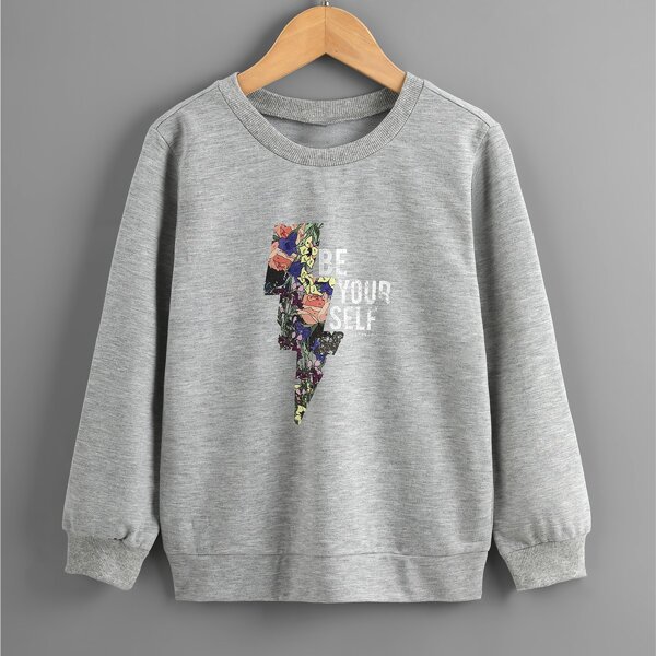 

Girls Floral & Slogan Graphic Pullover, Grey
