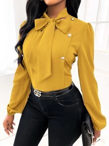 SHEIN Clasi Áo sơ mi nữ Thắt nơ trước Nút giả màu trơn Thanh lịch - Màu vàng - Xem 3
