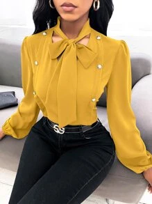 SHEIN Clasi Áo sơ mi nữ Thắt nơ trước Nút giả màu trơn Thanh lịch - Màu vàng - Xem 4