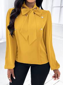SHEIN Clasi Áo sơ mi nữ Thắt nơ trước Nút giả màu trơn Thanh lịch - Màu vàng - Xem 5