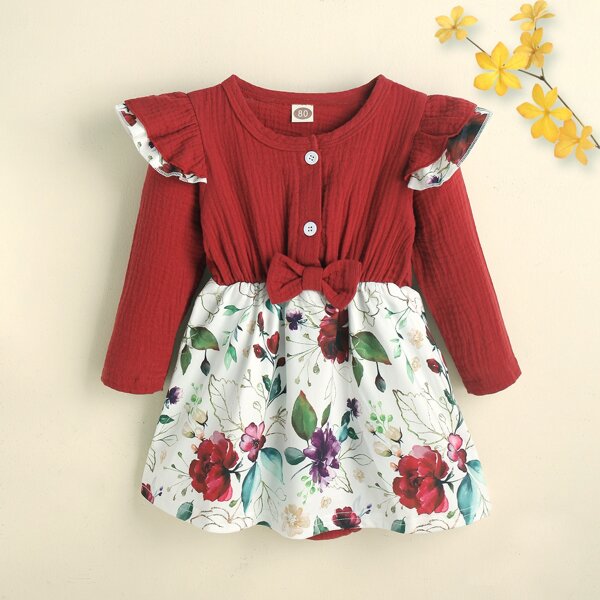 

Baby Floral Print Ruffle Trim Bow Front Dress, Multicolor